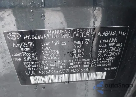 2020 Hyundai Santa Fe Sel/Sel Plus из США, поврежденный, VIN 5NMS33AD2LH261654